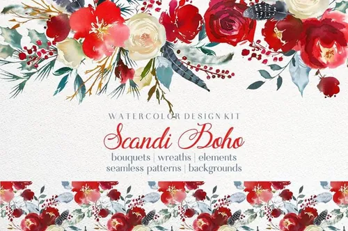 波西米亚风格手绘水彩花卉设计素材 Boho-Scandi-R