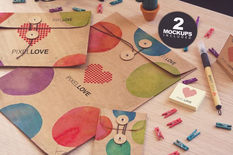 情人节主题信封文件袋VI样机展示模型 art-desk-duo