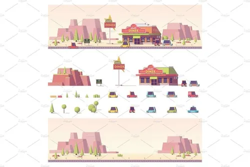 矢量低聚建筑和城市场景插图设计素材Vector low poly 2d buildings and city scene
