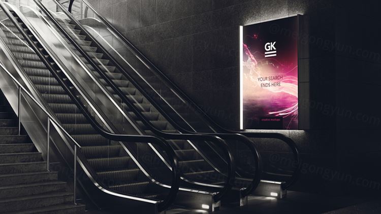 地铁商场自动扶梯灯箱广告设计提案样机PSD模板 3D Escalator / Lightbox Mock-up