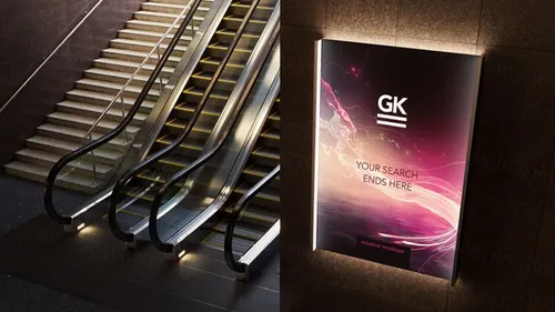 地铁商场自动扶梯灯箱广告设计提案样机PSD模板 3D Escalator / Lightbox Mock-up