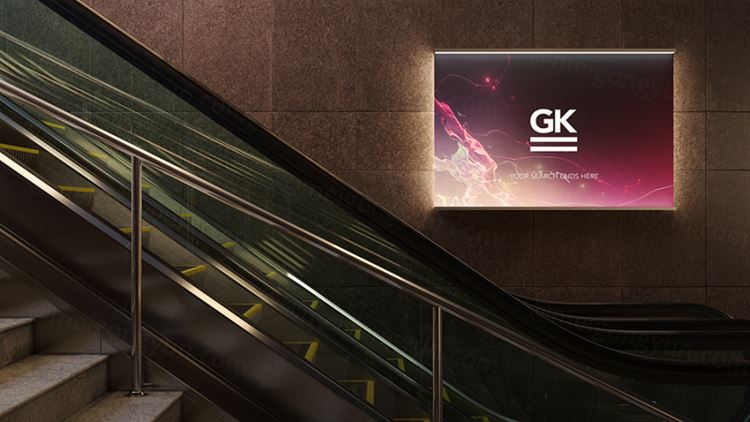 地铁商场自动扶梯灯箱广告设计提案样机PSD模板 3D Escalator / Lightbox Mock-up