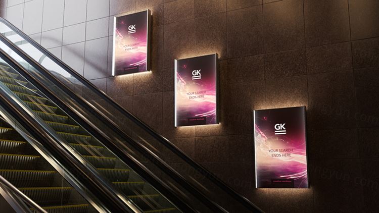 地铁商场自动扶梯灯箱广告设计提案样机PSD模板 3D Escalator / Lightbox Mock-up