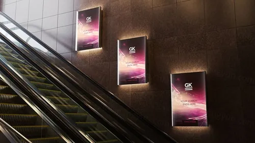 地铁商场自动扶梯灯箱广告设计提案样机PSD模板 3D Escalator / Lightbox Mock-up