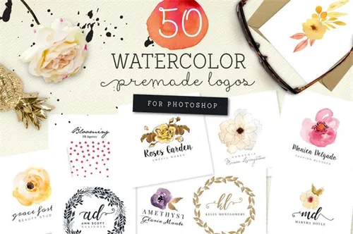 50枚水彩风格Logo模板 50-Premade-Watercolor-Logos
