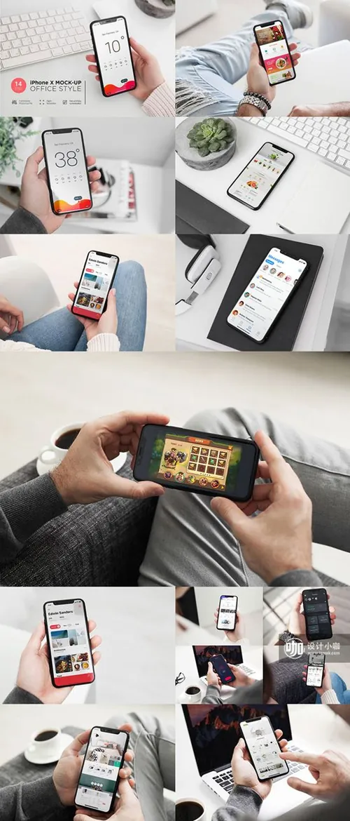 完美的iPhone X办公室场景的APP设计展示模型（Mockups）