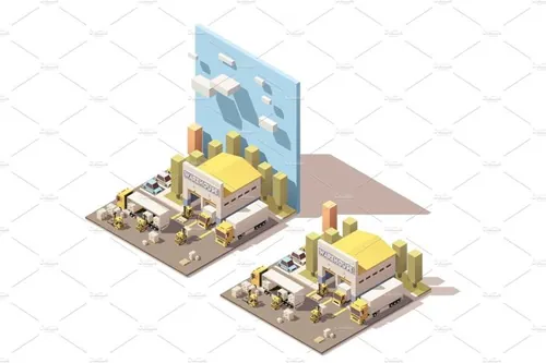 矢量等距仓库插图设计素材Vector isometric warehouse building icon with trucks ...