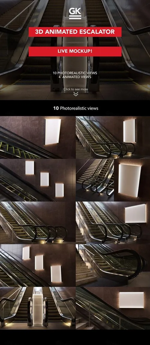 地铁商场自动扶梯灯箱广告设计提案样机PSD模板 3d Escalator / Lightbox mock ups