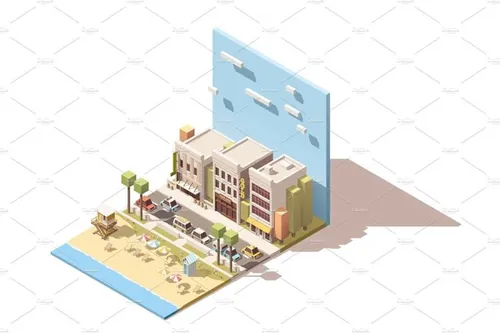 矢量等距海边的楼房插图设计素材Vector isometric town beach