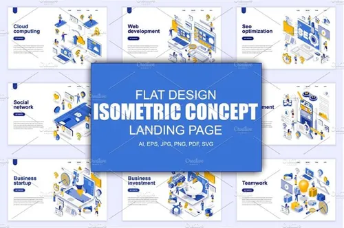 现代扁平设计网站着陆页等距概念插图集 Landing Pag
