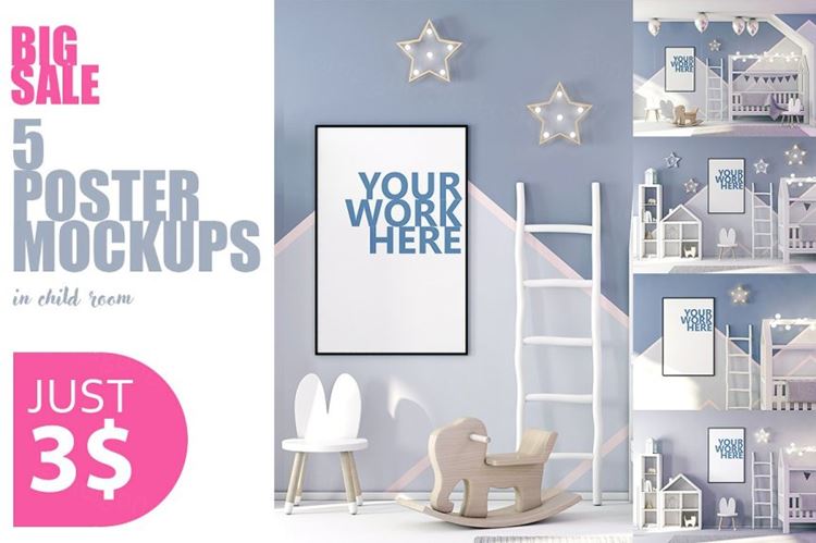儿童房海报框架Mockups样机模板PSD Posters Mockup in Child Interior