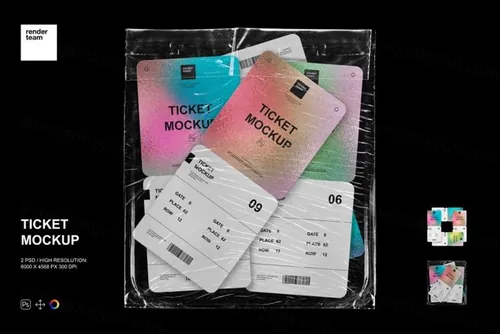 装在透明塑料袋里的登机牌门票设计贴图展示样机模板 Ticket Mockup