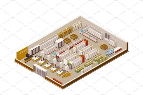 矢量等距超市切面图插图设计素材Vector isometric supermarket cutaway