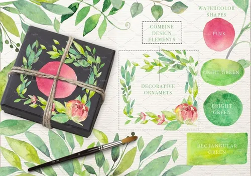 夏日主题手绘水彩花卉绿叶设计素材  SUMMER-BREEZ