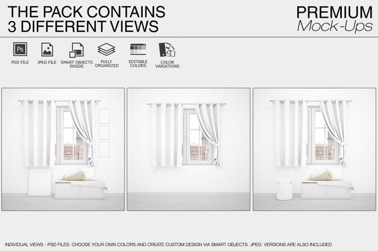 时尚简约的窗帘和枕头纺织品样机模板Curtains  Pillows Set