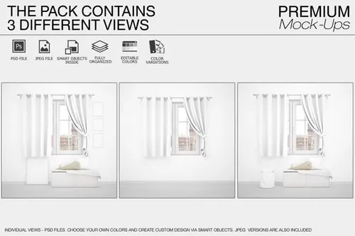 时尚简约的窗帘和枕头纺织品样机模板Curtains  Pillows Set