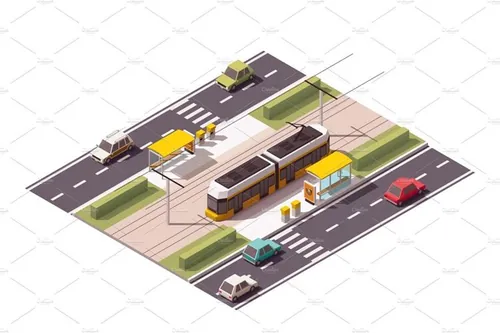 矢量等距电车站插图设计素材Vector isometric tram station