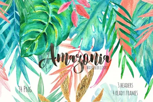 手绘水彩热带雨林植物设计素材 Tropical-leaves