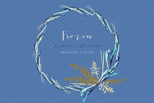 手绘水彩蓝色玫瑰花圈设计素材 Frozen.-Winter-