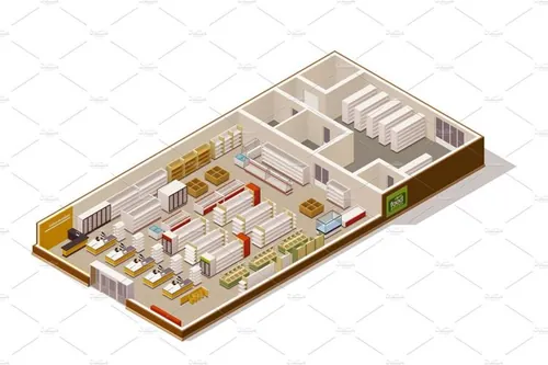 矢量等距超市切面图插图设计素材Vector isometric supermarket cutaway