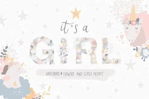 女孩独角兽羽毛花卉童装可爱插画集 It\'s a Girl U
