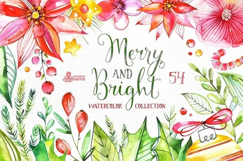 欢快明亮水彩花卉插画 Merry And Bright. W
