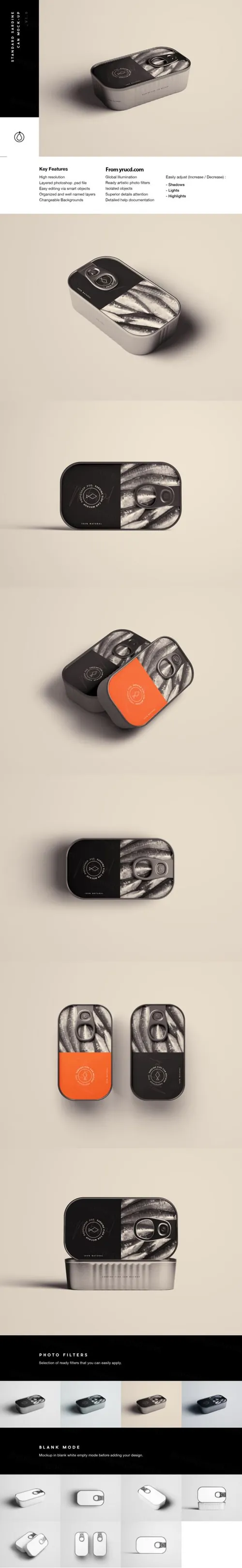 高品质的沙丁鱼罐头包装样机展示模型Sardine Can Mockup