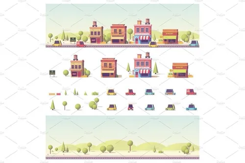 等距矢量建筑和场所场景插图设计Vector low poly 2d buildings and city scene