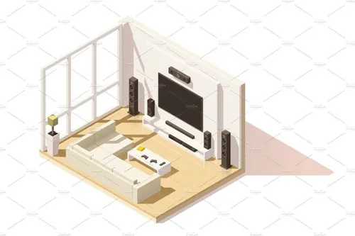 等距现代客厅室内展示插图设计素材Vector isometric low poly living room icon