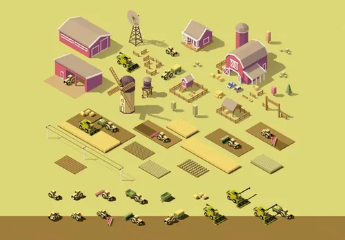 农场元素矢量等距设计素材 Vector isometric low poly farm elements
