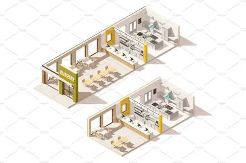 等距快餐店餐馆内部插图设计素材Vector isometric low poly fast food restaurant