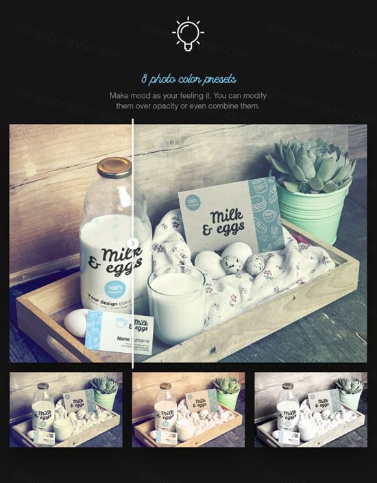 绿色健康有机食品照片牛奶和鸡蛋VI样机展示模型organic-food-photo-mockup-milk-eggs