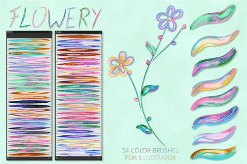 绚丽多彩的数字艺术绘画画笔AI笔刷素材 Flowery Brushes
