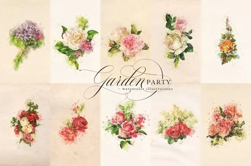 花园派对手绘水彩花卉设计素材 Garden-Party-Wa