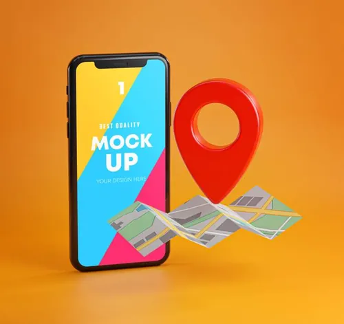 3D概念场景地图导航APP UI提案样机PSD模板 Smartphone Red GPS Mockup