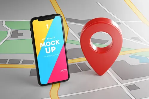 3D概念场景地图导航APP UI提案样机PSD模板 Smartphone Red GPS Mockup