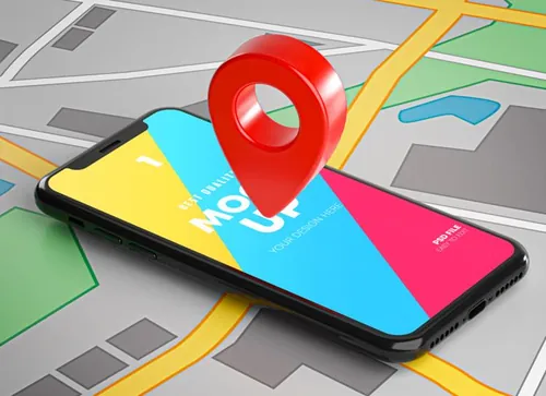 3D概念场景地图导航APP UI提案样机PSD模板 Smartphone Red GPS Mockup