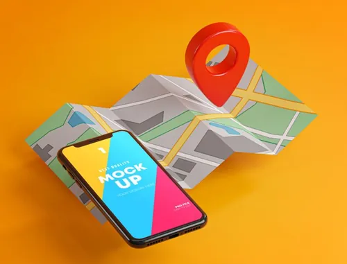 3D概念场景地图导航APP UI提案样机PSD模板 Smartphone Red GPS Mockup