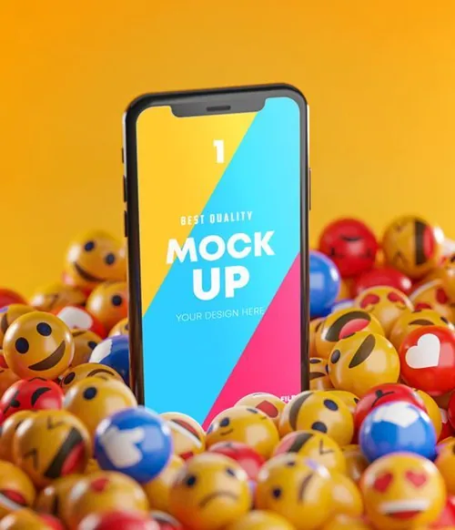 智能手机3D立体表情符号场景UI提案样机PSD模板 Smartphone Emoji Mockup Pack