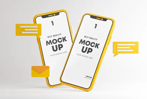 信息对话框3D场景即时通话APP UI提案样机PSD模板 Messaging Conversation App Mockup