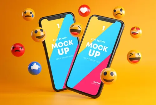 智能手机3D立体表情符号场景UI提案样机PSD模板 Smartphone Emoji Mockup Pack