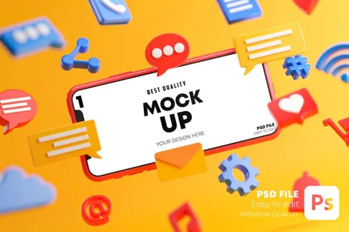 3D概念场景社交媒体APP UI提案样机PSD模板 Social Media Icons Smartphone