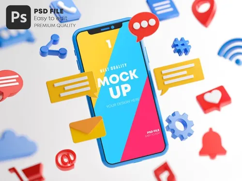 3D概念场景社交媒体APP UI提案样机PSD模板 Social Media Icons Smartphone Mockup