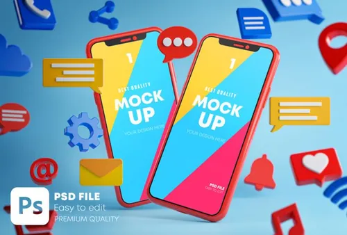 3D概念场景社交媒体APP UI提案样机PSD模板 Social Media Icons Smartphone Mockup