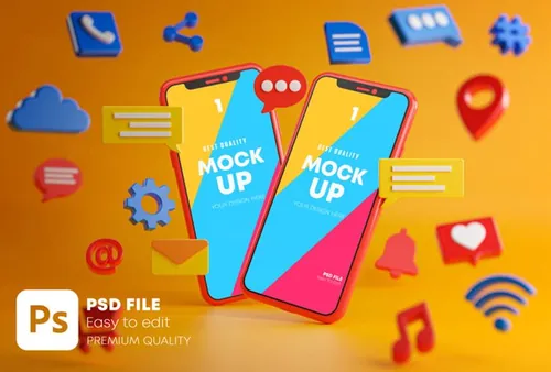 3D概念场景社交媒体APP UI提案样机PSD模板 Social Media Icons Smartphone Mockup