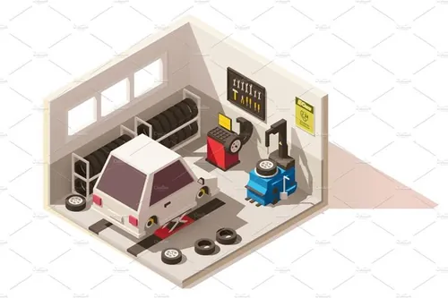 等距汽车修理厂室内设计展示插图设计素材Vector isometric low poly car tire serv...