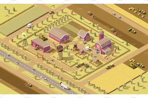 等距农场建筑插图设计素材Vector isometric low poly farm