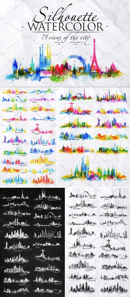 手绘水彩城市楼房矢量插图 Silhouette-citi