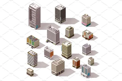 等距楼房建筑插图设计素材Vector isometric buildings set
