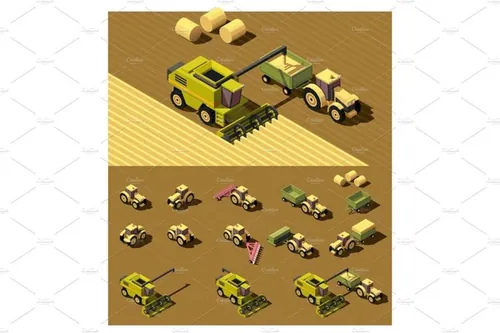 等距施工车辆插图设计素材Vector isometric low poly agricultural machinery
